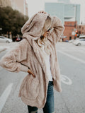 Cozy Faux Fur Fuzzy Hooded Coat - Versatile Solid Color, Relaxed Open-Front Design, Warm Long Sleeve Outerwear for Women