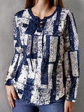 All Over Print Tie Front T-Shirt, Casual Long Sleeve Top For Spring & Fall, Women's Clothing