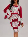 Elegant Women's Geo Print Color Block Bodycon Dress with Crew Neck and Flared Long Sleeves