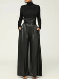 Elegant Wide-Leg PU Leather Pants with Metal Belt - Non-Sheer, Solid Color, All-Season Fashion for Women