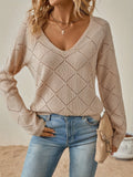 Solid Color V Neck Pullover Sweater, Casual Eyelet Long Sleeve Sweater For Spring & Fall, Women's Clothing