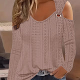 Purpdrank Eyelet Cold Shoulder T-Shirt - Fashionable Long Sleeve Top for Spring & Fall - Stylish Womens Casual Wear with Delicate Detailing - Ideal for Everyday Style