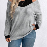 Purpdrank Plus Size Knit Sweater - Cozy Off-the-Shoulder Design, Long Sleeve, V-Neck, Striped Pattern, Soft and Breathable Fabric, Perfect for Spring or Fall Casual Wear, Everyday Comfort, and Chic Style