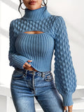 Chic Solid Color Turtleneck Sweater with Lantern Sleeves - Casual Cut-Out Design, Soft Acrylic Knit Pullover for Women