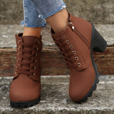 Women's Chunky Heeled Ankle Boots, Solid Color Lace Up & Side Zipper Boots, Retro High Heeled Short Boots