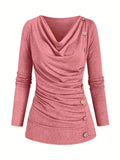 Stylish Ruched Cowl Neck Button Decor T-Shirt - Women's Casual Long Sleeve Top for Spring & Fall - Soft, Breathable, Relaxed Fit, Versatile Clothing for Everyday Wear