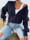 Single-Breasted Solid Color Long Sleeve Cardigan, Casual V Neck For Fall & Winter, Women's Clothing