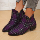 Purpdrank Women's Plaid Ankle Boots, Christmas Style Chunky Low Heeled Boots, Side Zipper Short Boots