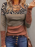 Stylish Leopard Print Cross Front Long Sleeve T-Shirt - Women's Casual Lace Stitching Tops for Spring & Fall - Comfortable Fashion Clothing with Relaxed Fit