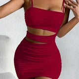 Purpdrank Trendy Y2K Inspired Solid Hollow Bodycon Cami Dress - Women's Sexy Spaghetti Dresses for Spring & Summer - Body Hugging, Mini Length, Sleeveless, V Neckline, Backless, Perfect for Outdoor Events and Casual Gathering