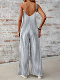 Striped Print Scoop Neck Jumpsuit, Casual Backless Ruched Spaghetti Strap Wide Leg Cami Jumpsuit, Women's Clothing