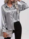 Purpdrank Elegant All-Season Shirt for Women - Long Sleeve, Solid Color, Easy-Care Polyester Blouse with Classic Turn-Down Collar