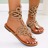 Purpdrank [Summer Comfortable Rhinestone Sandals] Women's Rhinestone Decor Flat Sandals, Comfortable Summer Beach Fashion Buckle Strap Shoes