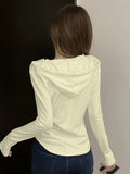 Solid Color Button Front Hoodie, Casual Long Sleeve Drawstring Simple Hooded Top For Spring & Fall, Women's Clothing