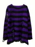 Stylish Off-The-Shoulder Color Block Knit Sweater - Ripped & Semi-Sheer, Perfect for Spring to Fall