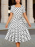 Polka Dot Print Square Neck Dress, Elegant Short Sleeve Belted Dress For Spring & Summer, Women's Clothing