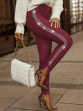 Elegant Long Skinny Pants for Women - Side Rhinestone Detail, High Elasticity, Comfort Knit for Stylish Outings