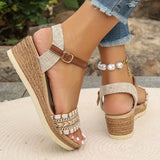 Purpdrank [Summer Rhinestone Wedge Sandals] Women's Casual Wedge Sandals - Open Toe, Ankle Strap, Summer Fashion with Rhinestone Accents, for Spring