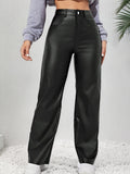 Elegant High Waist PU Straight Leg Pants, Faux Leather Slant Pocket For Spring & Fall, Women's Clothing