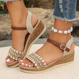 Purpdrank [Summer Rhinestone Wedge Sandals] Women's Casual Wedge Sandals - Open Toe, Ankle Strap, Summer Fashion with Rhinestone Accents, for Spring