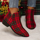 Purpdrank Women's Plaid Ankle Boots, Christmas Style Chunky Low Heeled Boots, Side Zipper Short Boots