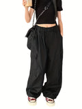 Loose Solid Colored Girls Cargo Pants with Flap Pockets for Spring & Summer, Versatile & Plain