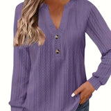 Purpdrank Plus Size Womens Soft Cable Knit Top with Trendy Button Detail - V Neck, Long Sleeve, Slight Stretch for Casual Comfort