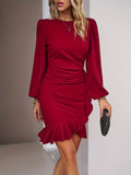 Purpdrank Elegant Long Sleeve Solid Dress - Chic Crew Neck, Cascading Ruffle Hem Detail, Perfect for Evening Occasions & Social Events - Women's Fashion Essential