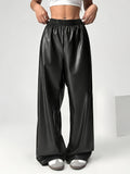 Stretchy PU Leather Women's Skinny Pants, Side Stripe Casual Sports Trousers for Fall/Winter