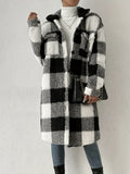 Purpdrank Plaid Pattern Fuzzy Button Front Coat, Casual Drop Shoulder Long Sleeve Outwear For Fall & Winter, Women's Clothing