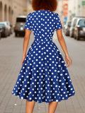 Polka Dot Print Square Neck Dress, Elegant Short Sleeve Belted Dress For Spring & Summer, Women's Clothing