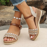 Purpdrank [Summer Rhinestone Wedge Sandals] Women's Casual Wedge Sandals - Open Toe, Ankle Strap, Summer Fashion with Rhinestone Accents, for Spring