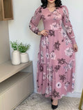 Chic Floral Print V-Neck Dress For Women - Casual Long Sleeve With Ruffle Hem, Perfect For Spring & Fall