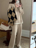 Autumn Winter 2 Pieces Women's Sets Knitted Tracksuit Patchwork O-Neck Sweater and Loose Wide Leg Pants Pullover Suits