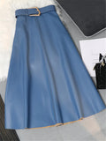 Classic Faux PU Leather Long Skirts with Belted New High Waist Fashion Umbrella Skirts Ladies Female Autumn Winter