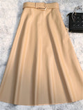 Classic Faux PU Leather Long Skirts with Belted New High Waist Fashion Umbrella Skirts Ladies Female Autumn Winter