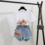 Purpdrank summer inspo Fashion Cotton T-Shirt Tops + Short Jeans 2 Pieces Sets New Summer Women's Denim Pants Outfits 3D Flowers Beading Suits