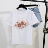 Purpdrank summer inspo Fashion Cotton T-Shirt Tops + Short Jeans 2 Pieces Sets New Summer Women's Denim Pants Outfits 3D Flowers Beading Suits