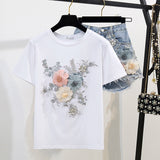 Purpdrank summer inspo Fashion Cotton T-Shirt Tops + Short Jeans 2 Pieces Sets New Summer Women's Denim Pants Outfits 3D Flowers Beading Suits