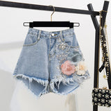 Purpdrank summer inspo Fashion Cotton T-Shirt Tops + Short Jeans 2 Pieces Sets New Summer Women's Denim Pants Outfits 3D Flowers Beading Suits