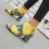 Purpdrank - Women Stylish Print Sandals Boots Peep Toe Buckle Strap Summer High Heel Gladiator Shoes Woman Yellow Green sandalias mujer