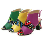 Purpdrank - Women Stylish Print Sandals Boots Peep Toe Buckle Strap Summer High Heel Gladiator Shoes Woman Yellow Green sandalias mujer