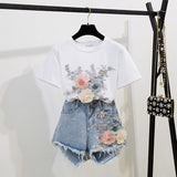 Purpdrank summer inspo Fashion Cotton T-Shirt Tops + Short Jeans 2 Pieces Sets New Summer Women's Denim Pants Outfits 3D Flowers Beading Suits