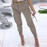 Purpdrank - Women Casual Solid Cargo Pants Spring Summer High Waist Office Lady Long Pants New Fashion Zipper Trousers Streetwear