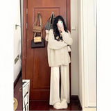 fall outfits women Autumn and Winter Creamy-white Lazy Style Sweater Wide Leg Pants High-Grade Three-Piece Suit