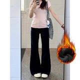 egirl style Fleece-lined Thick Black Non-Stick Leg Micro Flared Jeans Women's Autumn and Winter High Waist Slimming Wide Leg Pants Mopping Pants