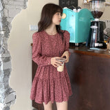 Purpdrank outfits Autumn and Winter Women's Skirt Vintage Floral Long Sleeve Dress Elegant Waist Slimming Small Skirt