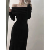 long sweater dress outfit off-Shoulder Elegant Long Sleeve Dress Women's Autumn and Winter Fashion Slim Fit Slimming Inner French Dress Women