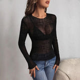 business casual outfits Women's Fashion Tight Leopard Print See-through Bottoming Shirt Flocking Jacquard Mesh Tight Top