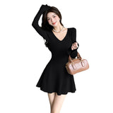 leapord halloween outfit Autumn and Winter Japanese and Korean Style Women's Long Sleeve V-neck Bell Sleeve Sweater Dress Slim Slimming Knitted Dress 6915